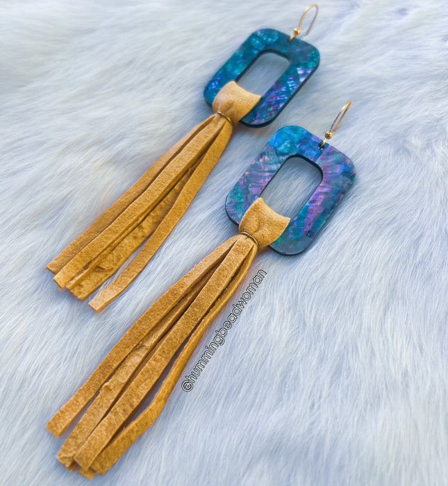Abalone Leather Fringe Earrings