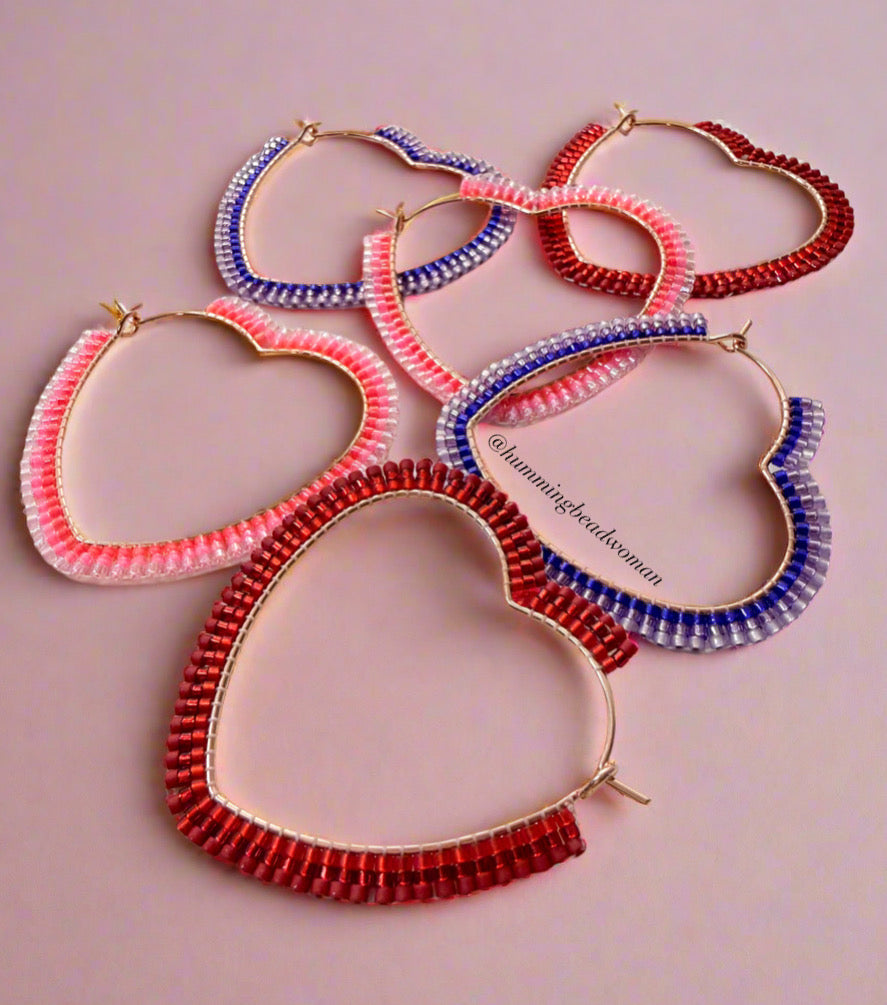 Purple Beaded Heart Hoops