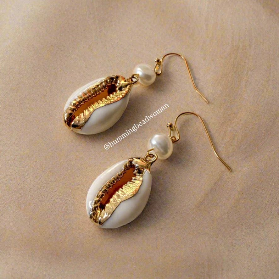 Freshwater Pearl & Gold Cowrie Drops